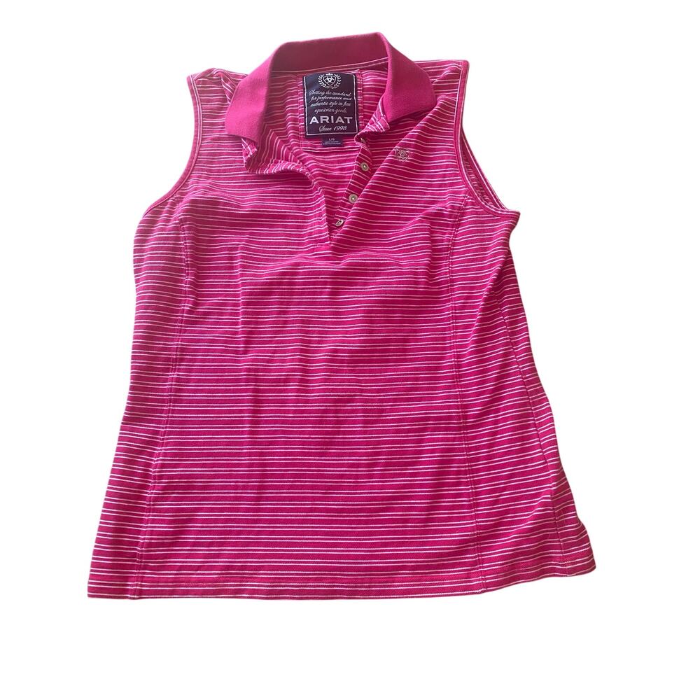 Women’s Ariat Pink Striped Sleeveless Polo Shirt Button Front Size Large